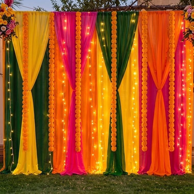 Complete Festive Pooja & Haldi Backdrop Decoration Kit (Net Curtains + Marigold + LED)