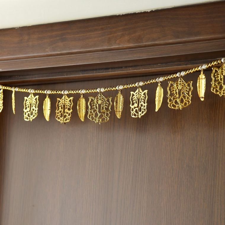 Handcrafted Golden Pearl, Lotus & Shubh-Labh Main Door Toran Bandhanwar Set