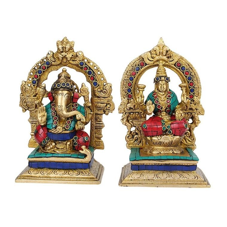 Shubh Dhanteras Antique Gold-Plated Brass Finish Laxmi-Ganesh Murti Idol Pair