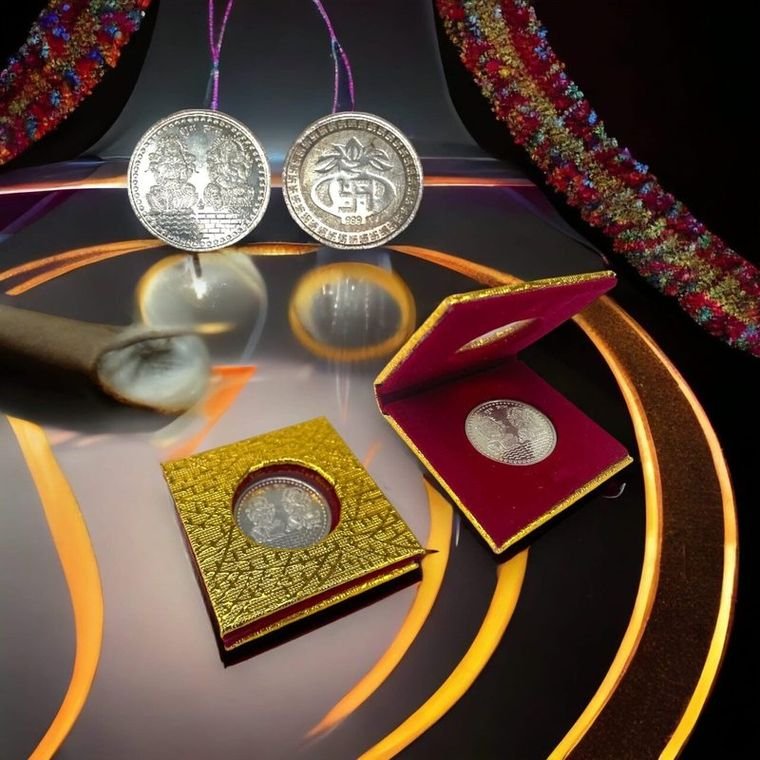 Shubh Dhanteras Silver-Plated Laxmi-Ganesh Coin with Velvet Gift Box (Pack of 2)