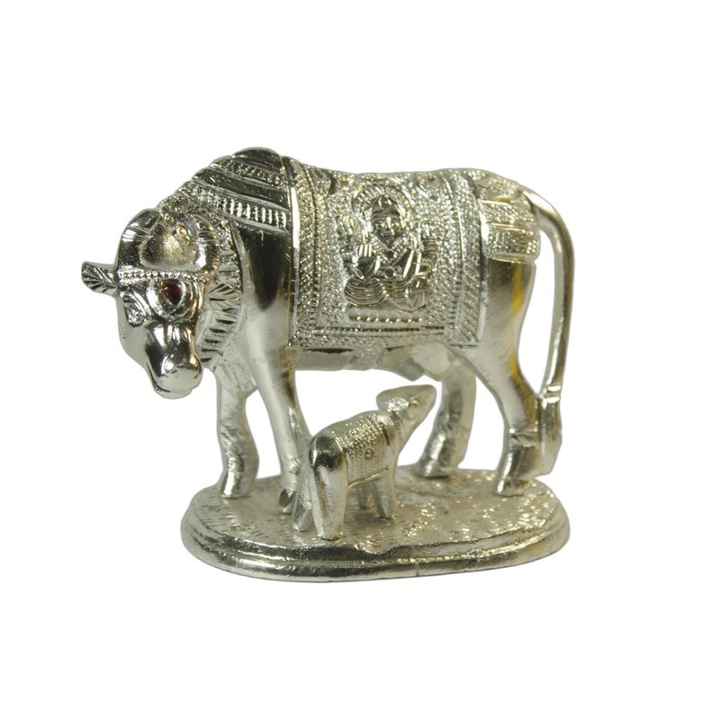 Shubh Dhanteras German Silver-Plated Kamdhenu Cow & Calf Vastu Pooja Idol