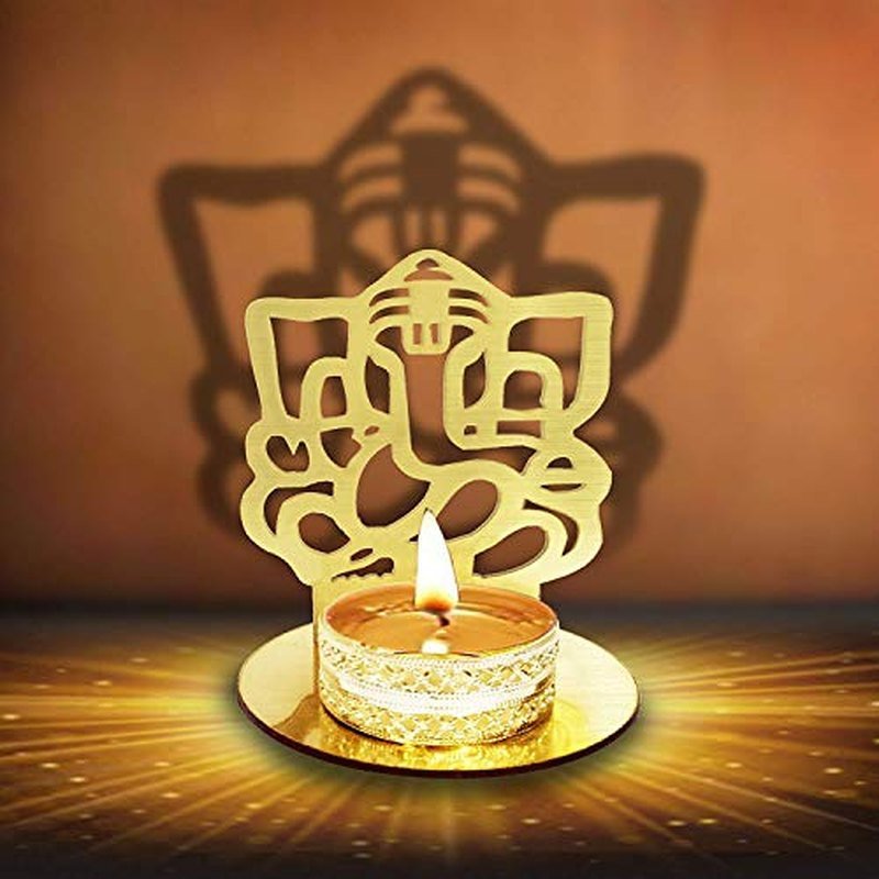 Golden Metal Lord Ganesha Shadow Tea-Light Diya Candle Holder